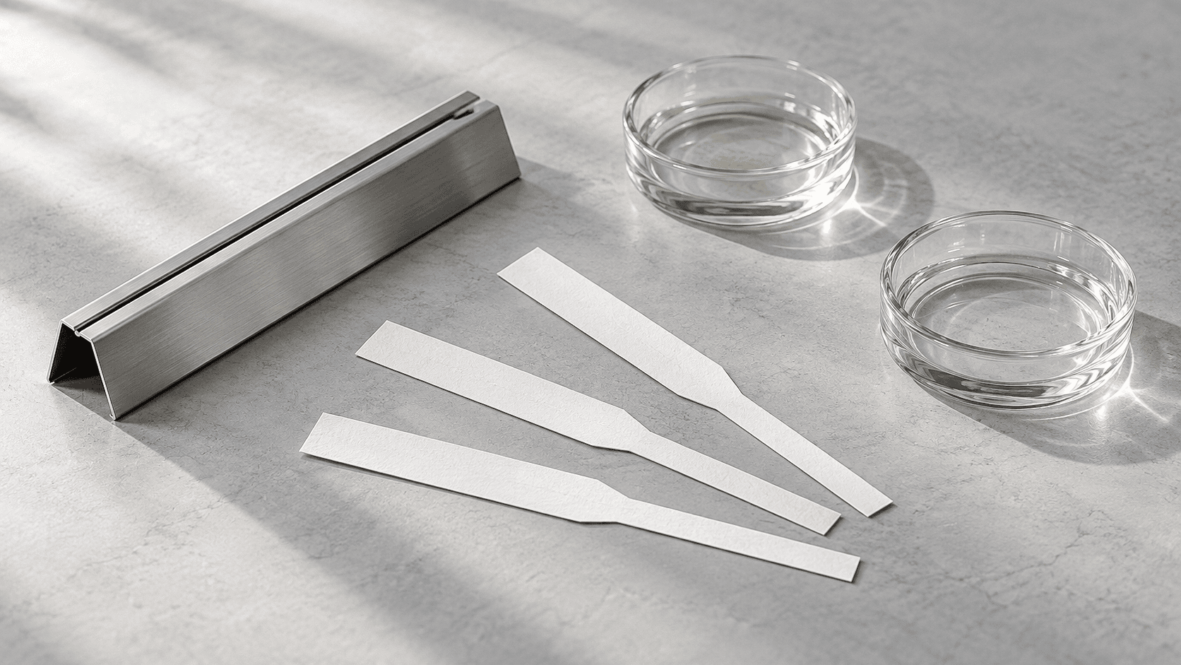 Scent blotters arranged beside glass sampling dishes
